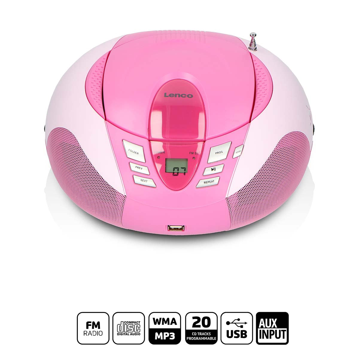 Portable FM Radio CD USB Player – Pink, Compact Design