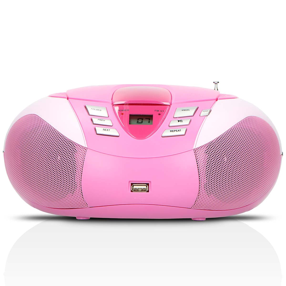 Portable FM Radio CD USB Player – Pink, Compact Design