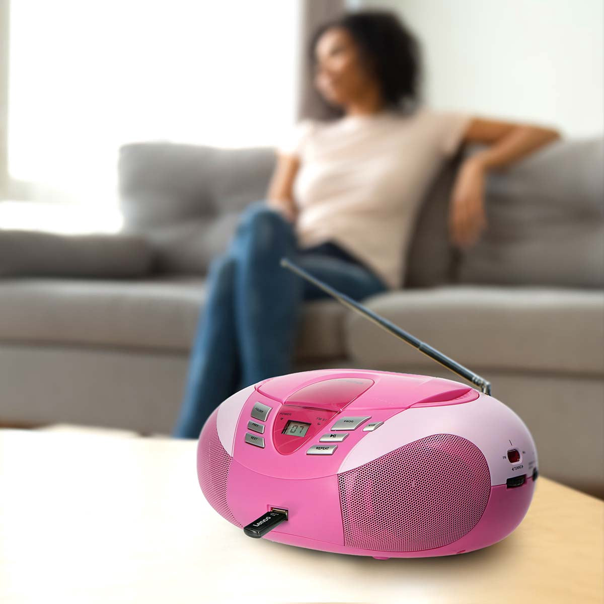 Portable FM Radio CD USB Player – Pink, Compact Design