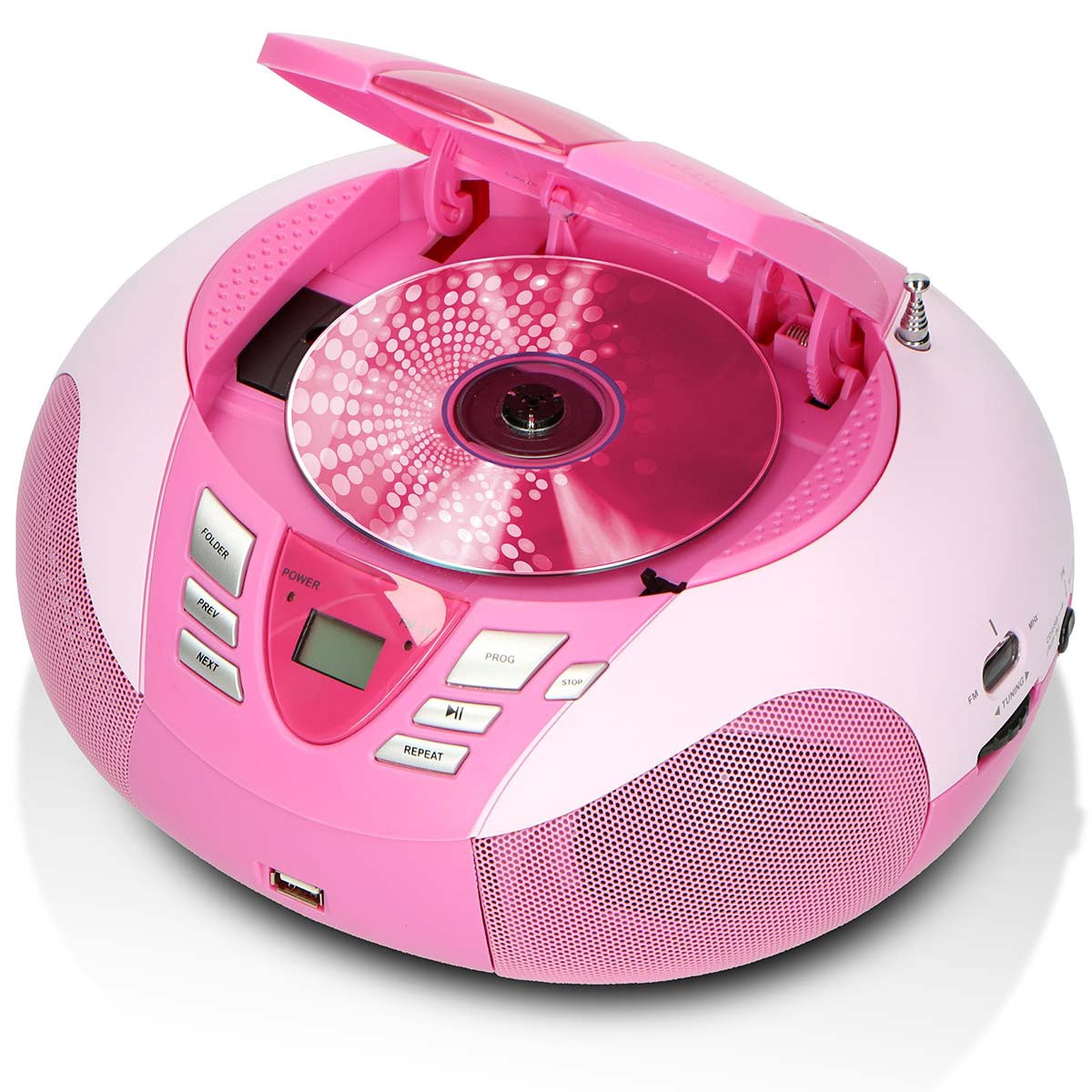 Portable FM Radio CD USB Player – Pink, Compact Design