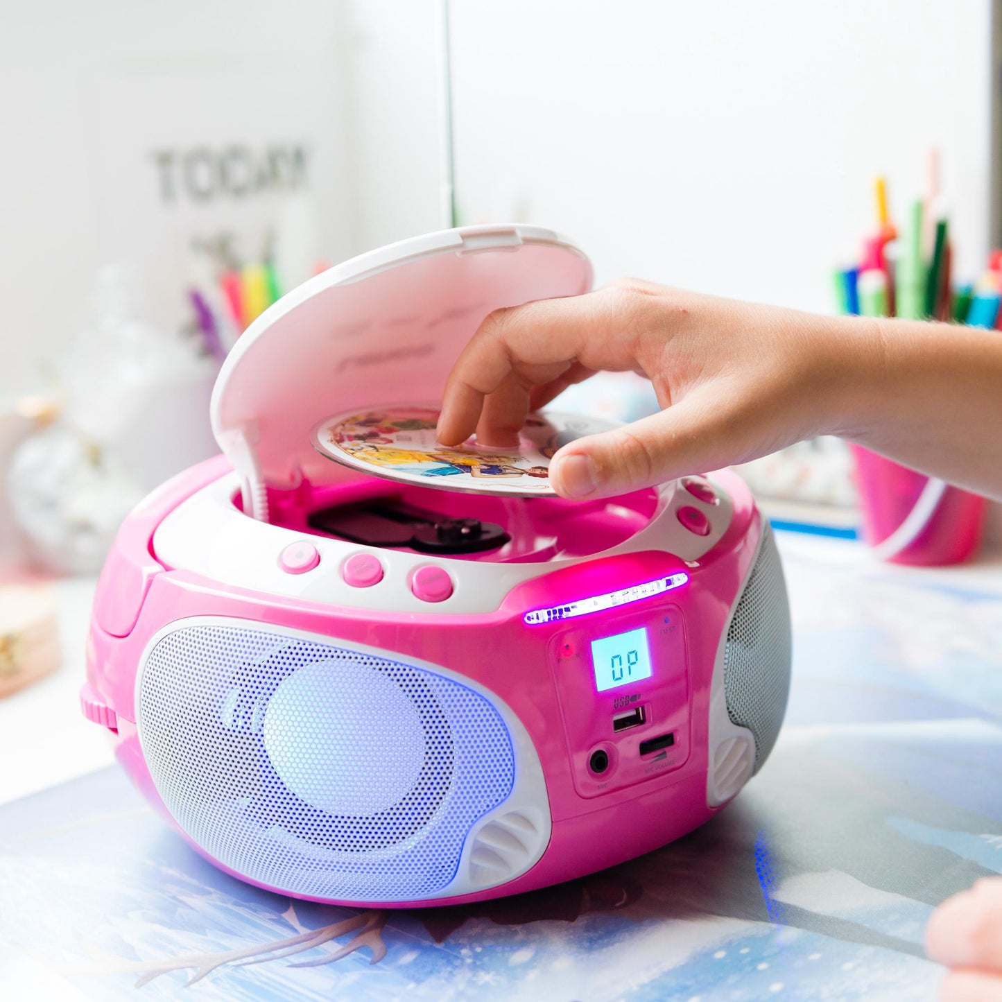 Portable Karaoke Radio CD/MP3/USB with Mic, Pink