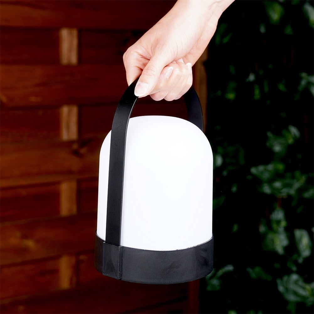 Portable LED lamp with battery for indoor and outdoor use, carrying handle
