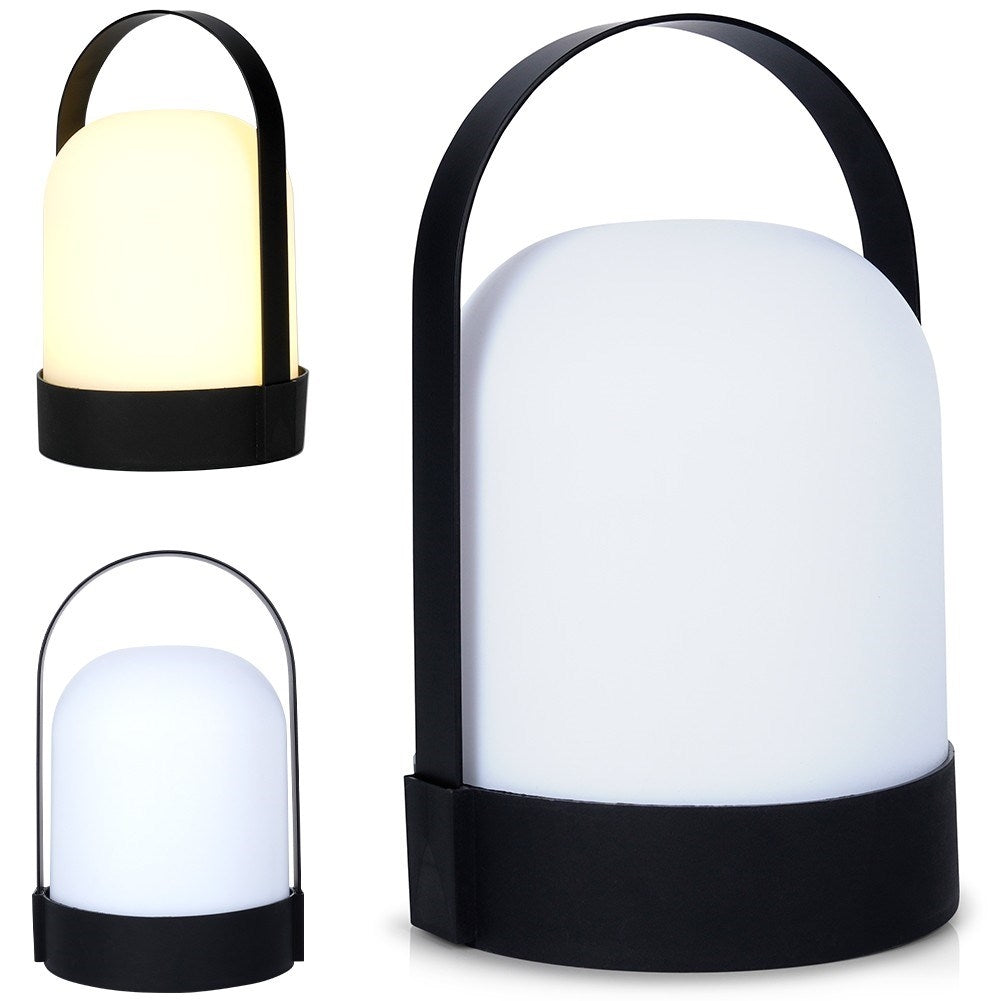 Portable LED lamp with battery for indoor and outdoor use, carrying handle