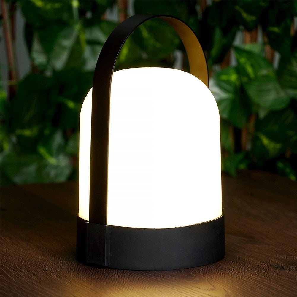 Portable LED lamp with battery for indoor and outdoor use, carrying handle