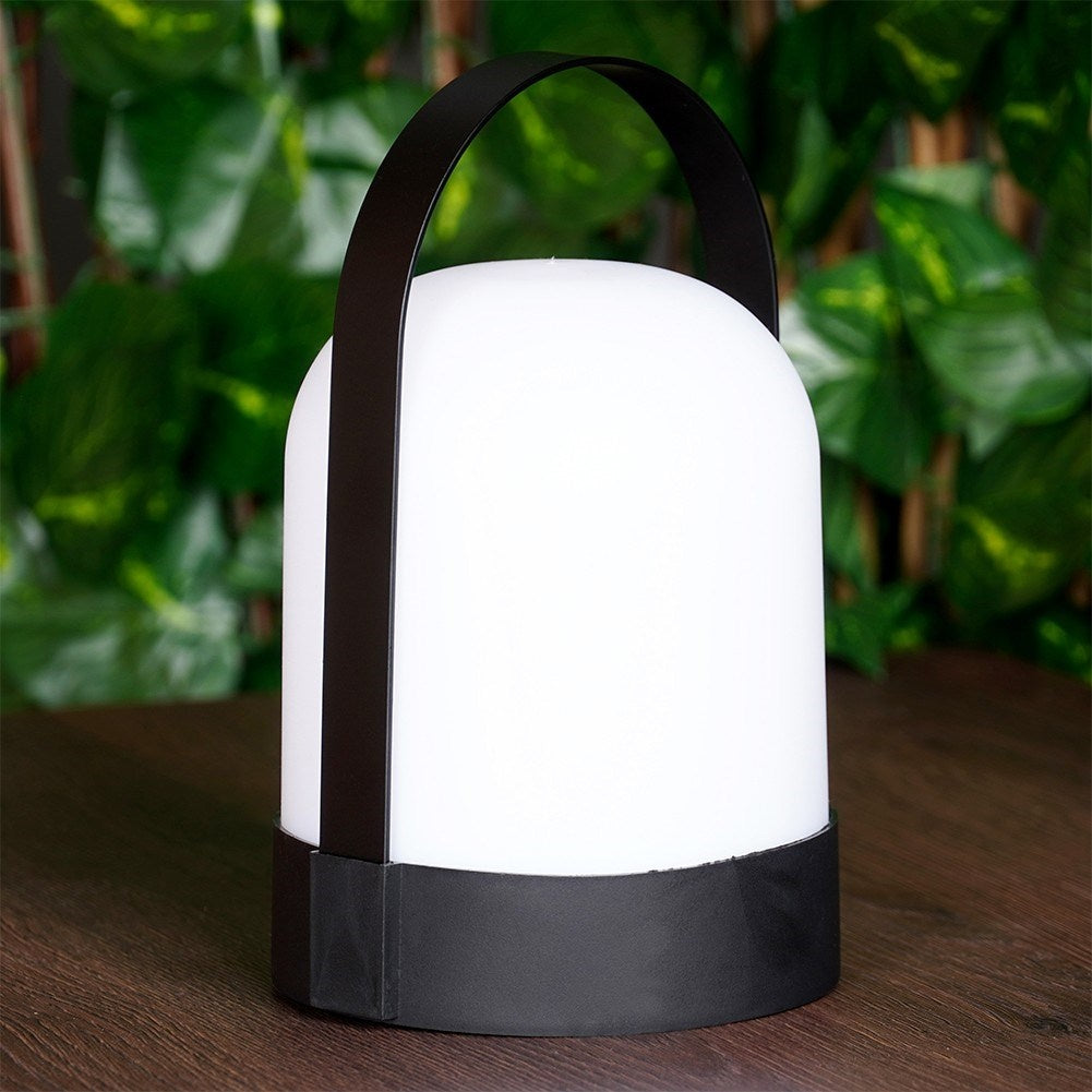 Portable LED lamp with battery for indoor and outdoor use, carrying handle
