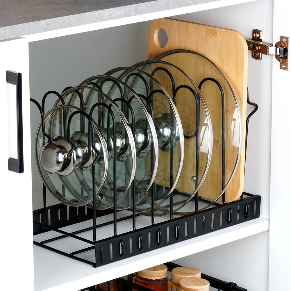 Pot, Pan & Lid Stand – Black Metal, 2-in-1