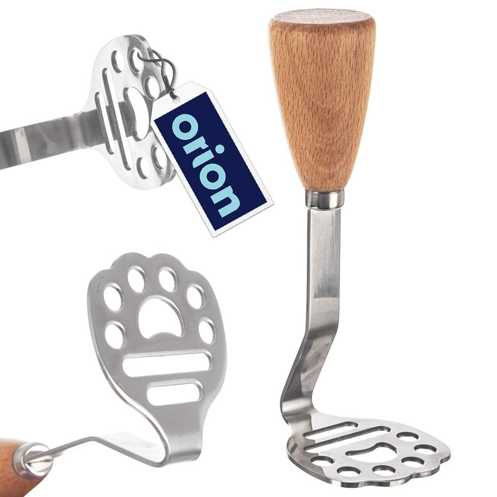 Potato masher in stainless steel and wood for puree and fruit