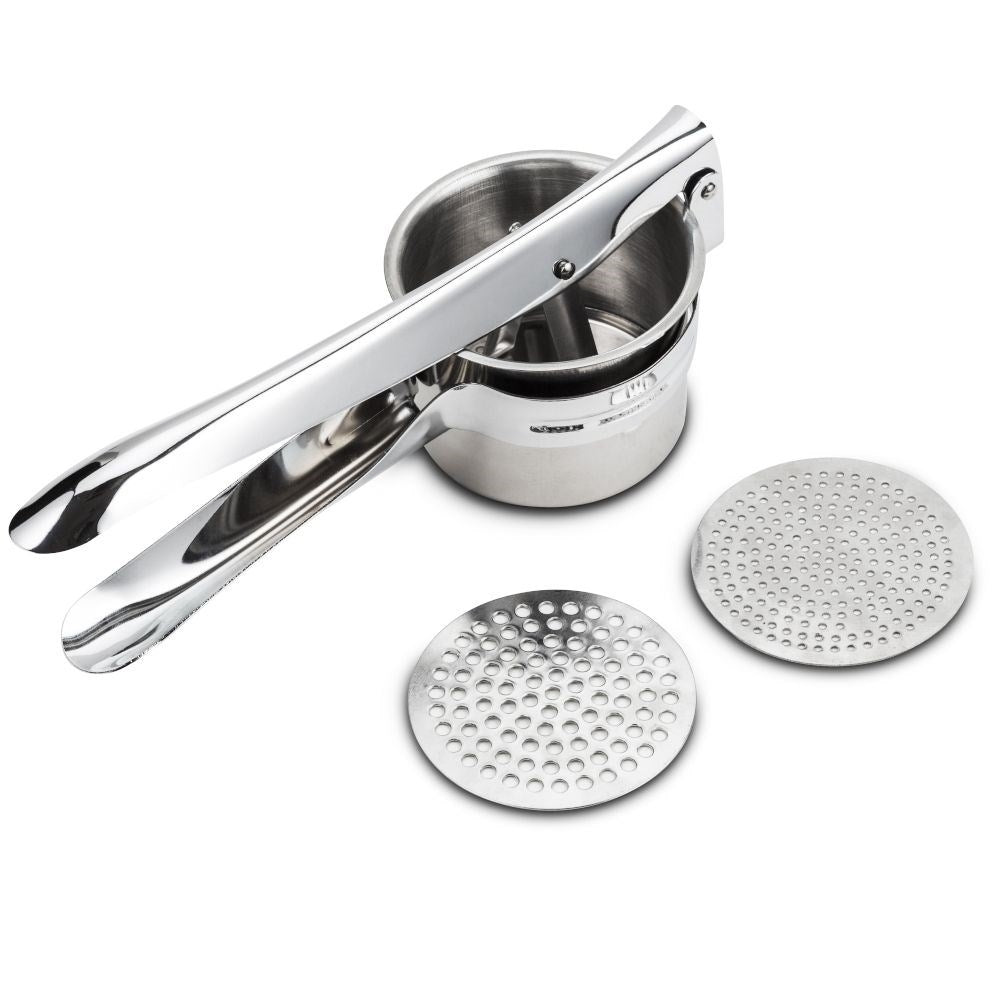 Potato press in stainless steel with two replaceable inserts