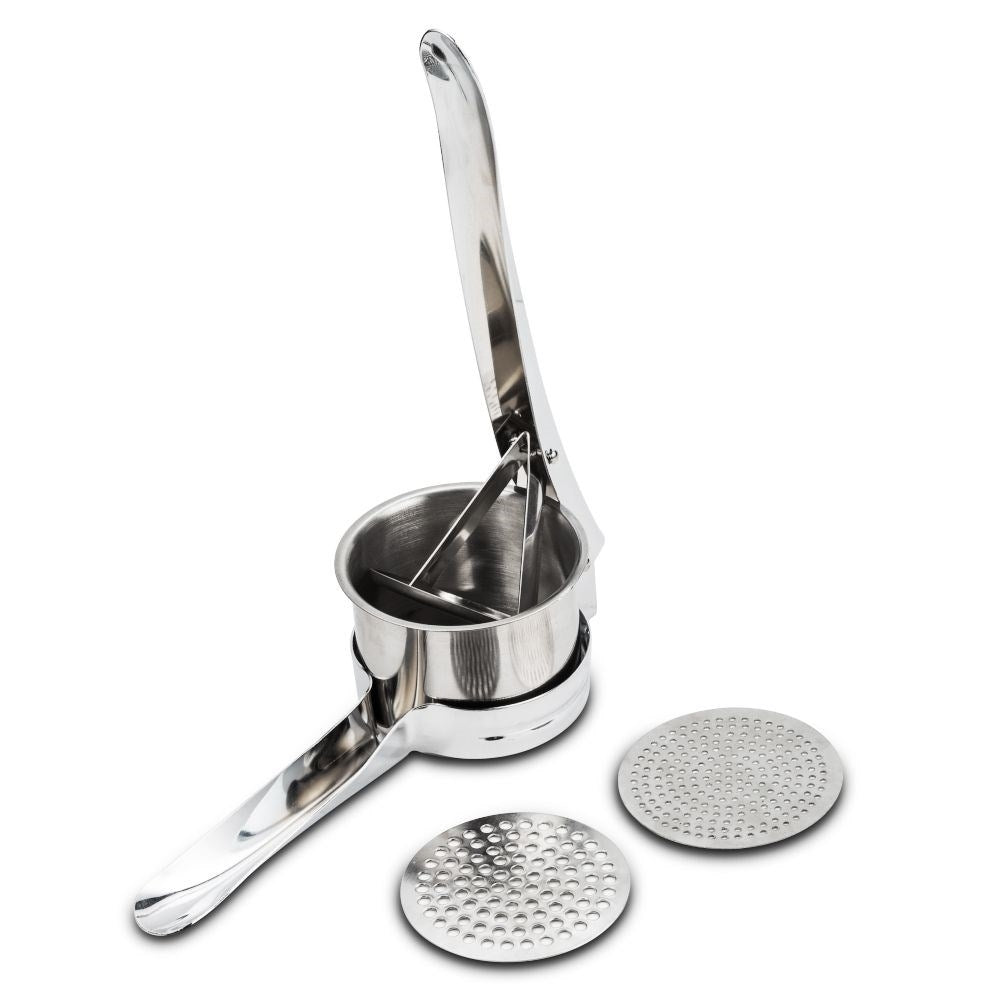Potato press in stainless steel with two replaceable inserts