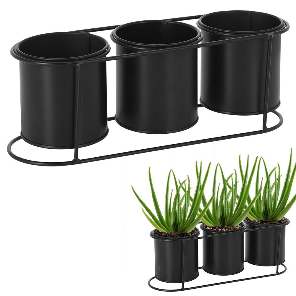 Potted plant stand for three plants in matt black metal