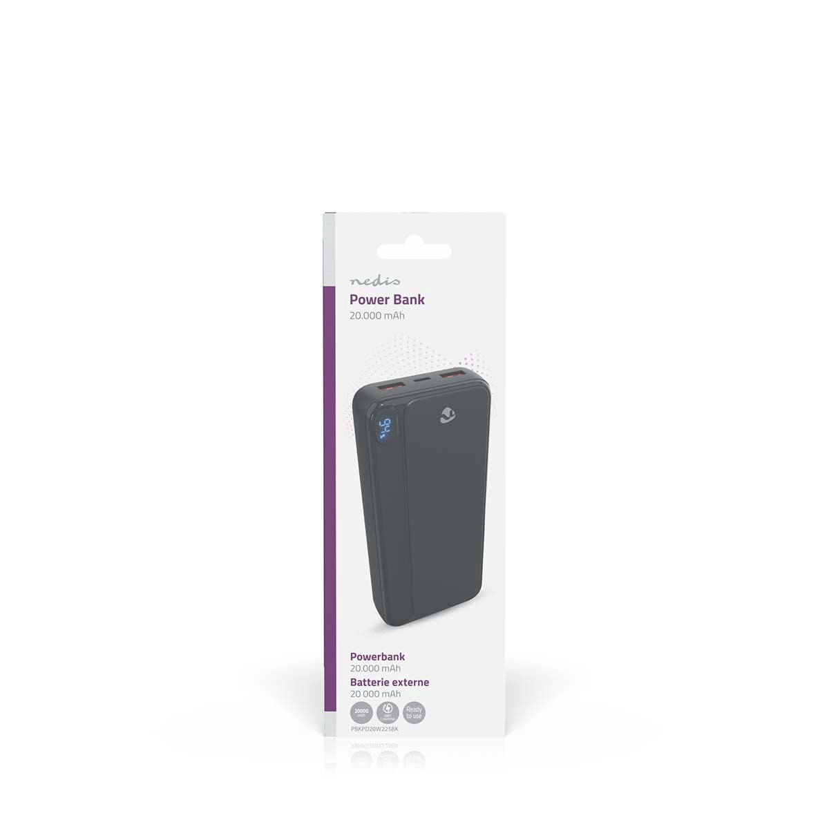 Power Bank 20000mAh, USB-C & USB-A, PD 20W, 3 Outputs