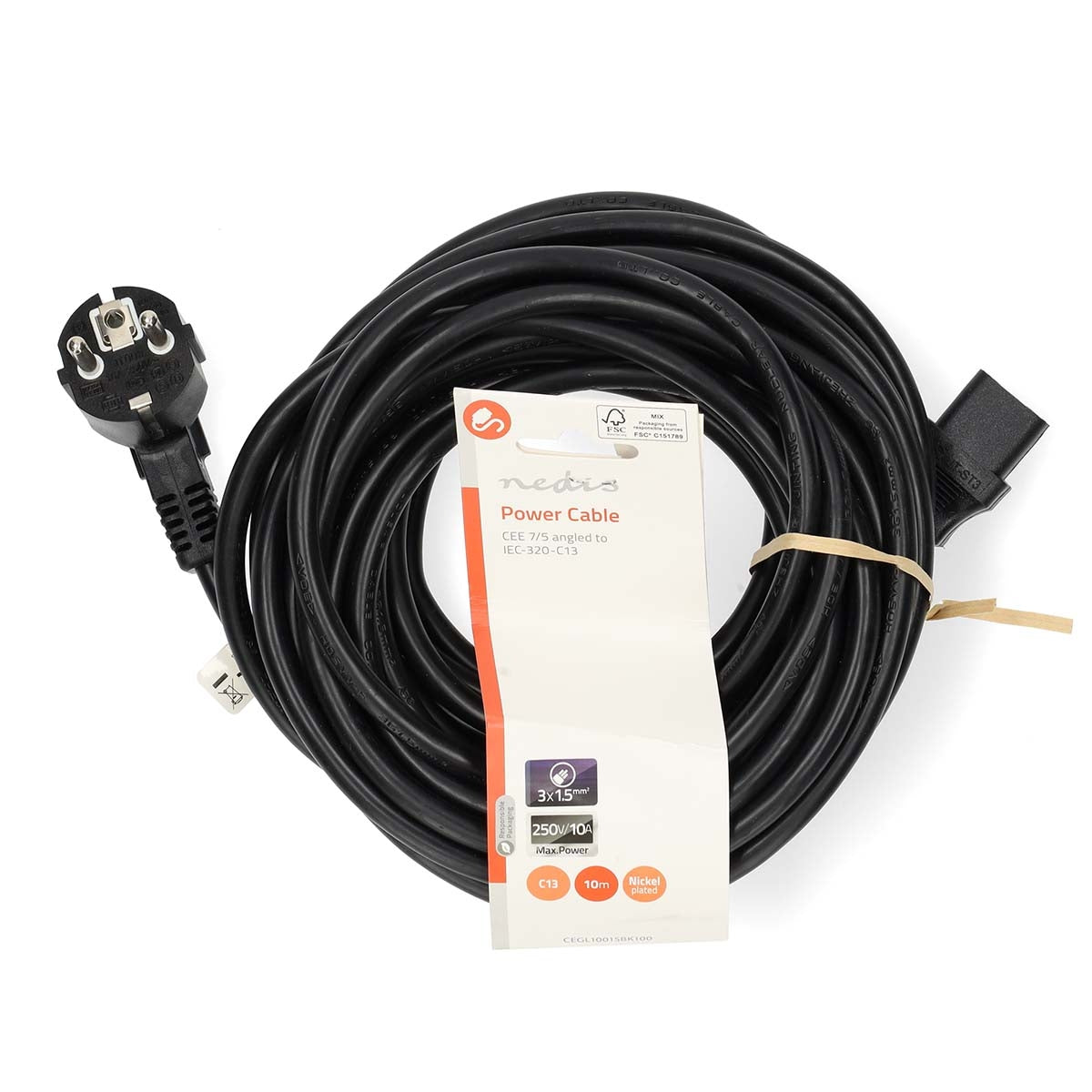 Power Cable | Plug with earth contact male | IEC-320-C13 | Angled | Straight | Nickel Plated | 10.0 m | Round | PVC | Black | Label