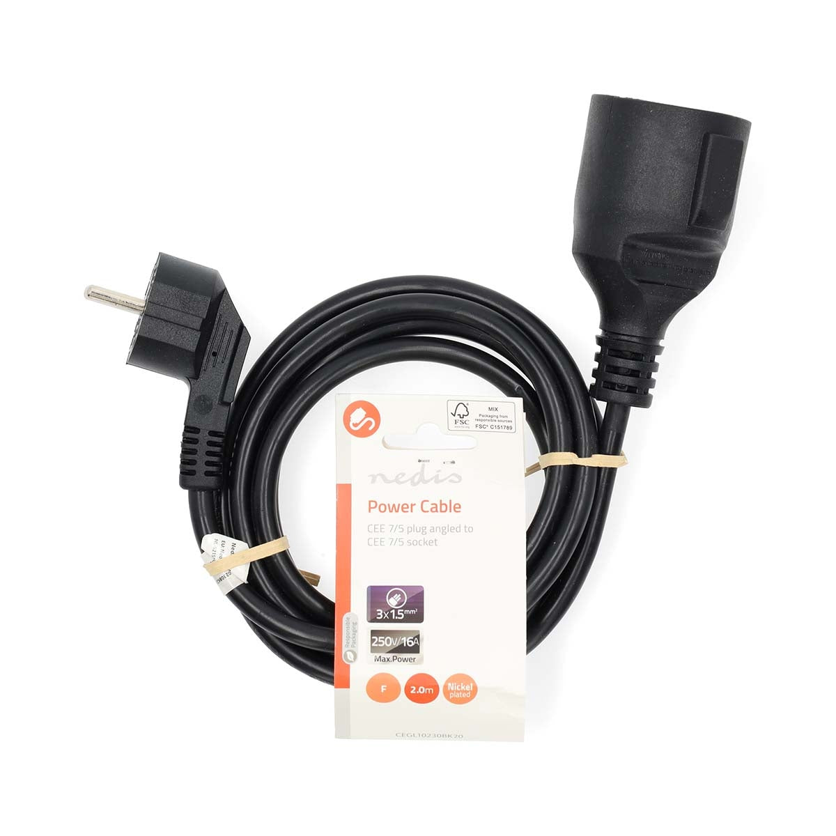 Power Cable | Plug with earth contact male | Plug with earth contact female | Angled | Straight | Nickel Plated | 2.00 m | Round | PVC | Black | Label