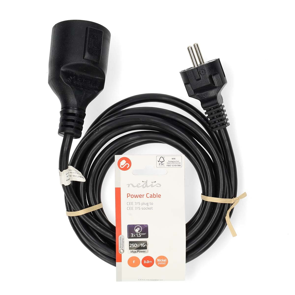 Power Cable | Plug with earth contact male | Plug with earth contact female | Straight | Straight | Nickel Plated | 3.00 m | Round | PVC | Black | Label