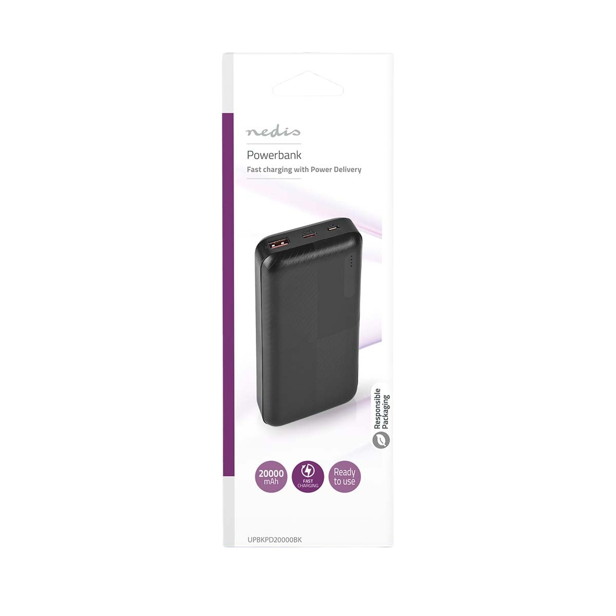 Power bank | 20000 mAh | 1.5 / 2.0 / 3.0 A | Number of outputs: 2 | Output connection: 1x USB-A / 1x USB-C™ | Input connection: 1x Micro USB / 1x USB-C™ | PD2.0 18W | Lithium polymer