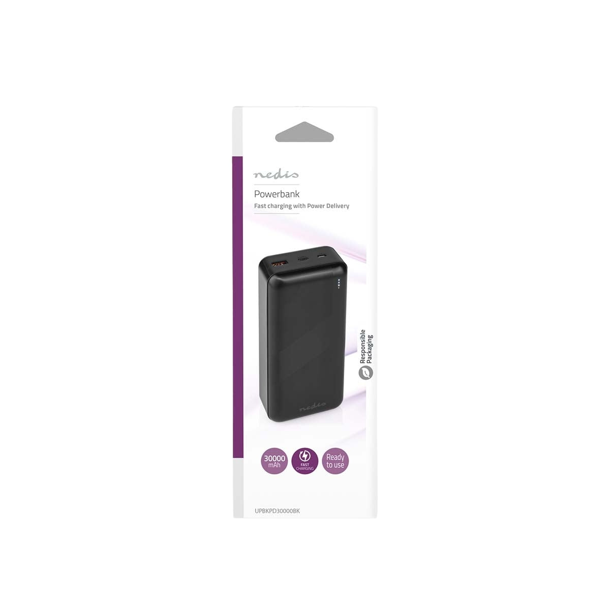 Power bank | 30000 mAh | 1.5 / 2.0 / 3.0 A | Number of outputs: 2 | Output connection: 1x USB-A / 1x USB-C™ | Input connection: 1x Micro USB / 1x USB-C™ | PD3.0 20W | Lithium polymer