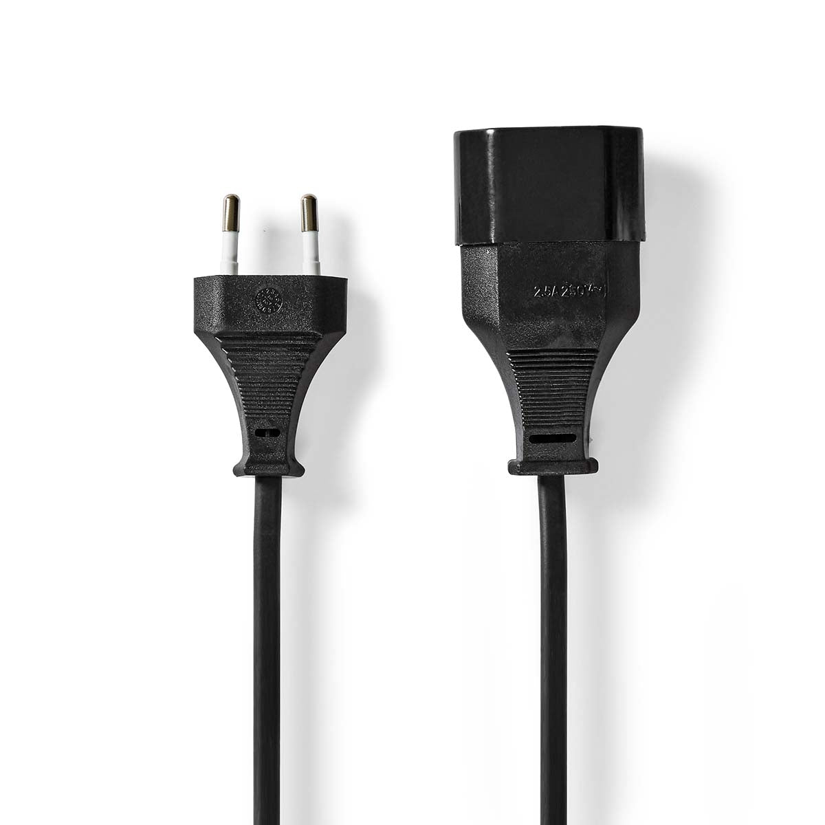 Power cable | Euro Man | Euro Female | Straight | Straight | Nickel Plated | 2.00 m | Round | PVC | Black | Label