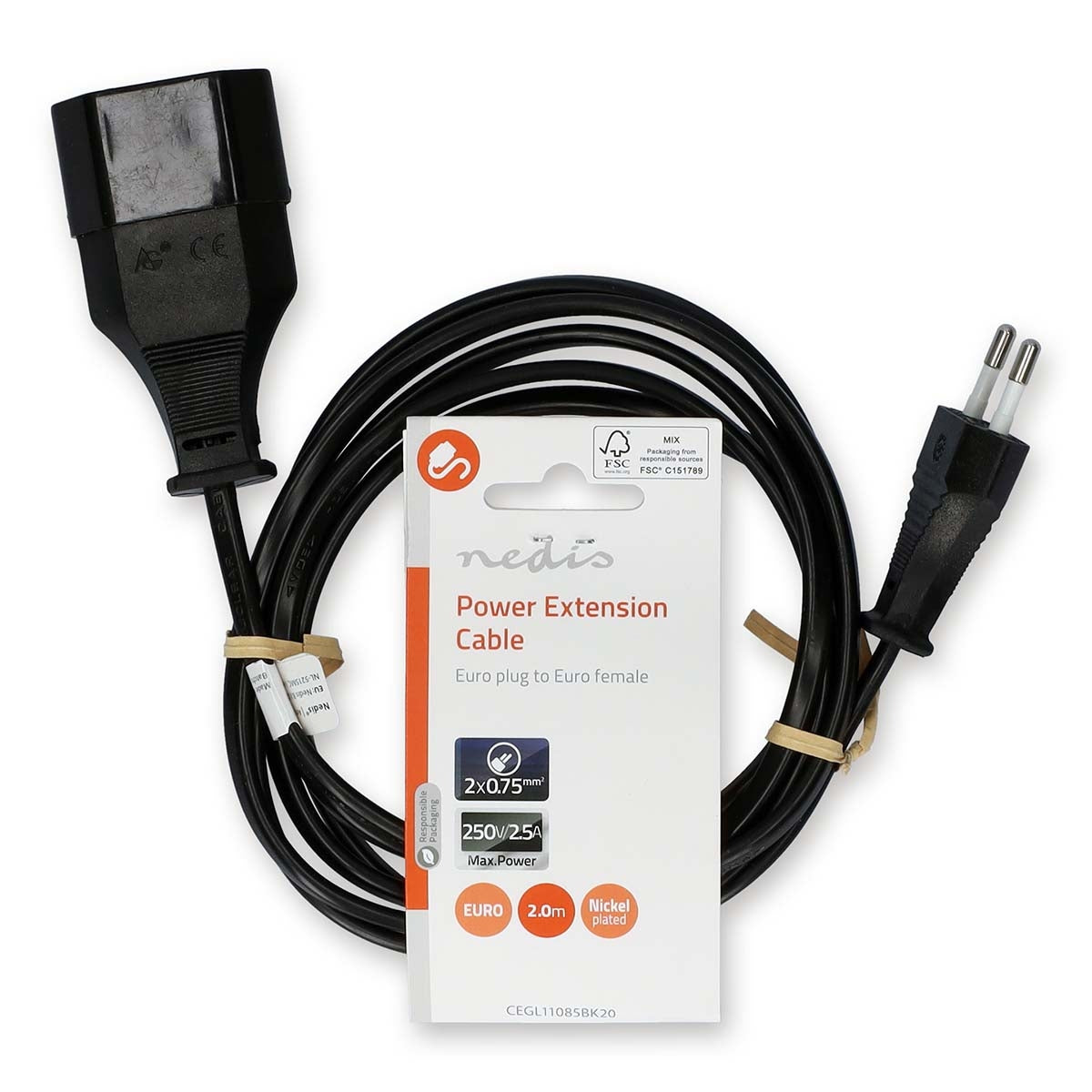 Power cable | Euro Man | Euro Female | Straight | Straight | Nickel Plated | 2.00 m | Round | PVC | Black | Label