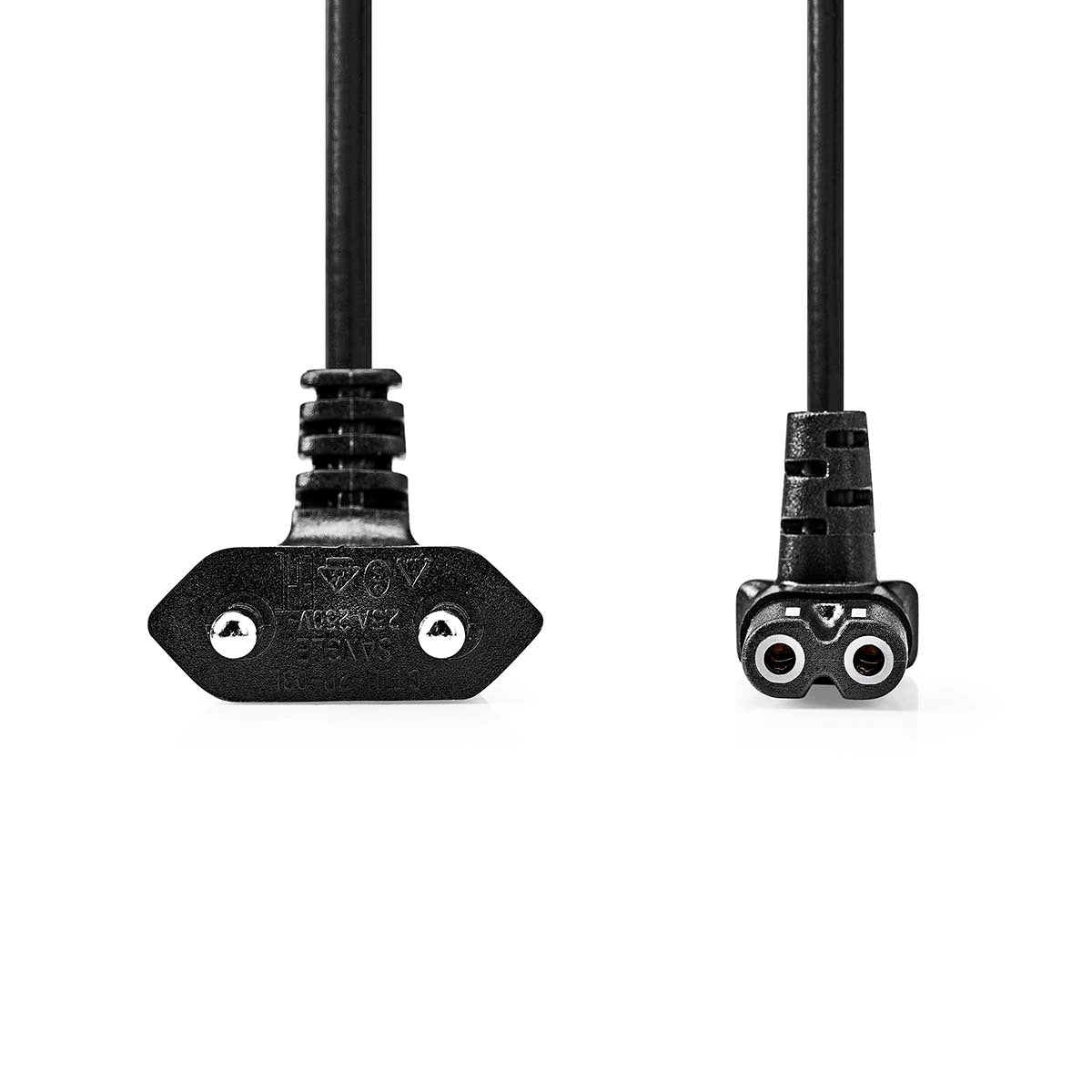 Power cable | Euro Man | IEC-320-C1 | Angled | Angled 90° | Nickel Plated | 2.00 m | Flat | PVC | Black | Label