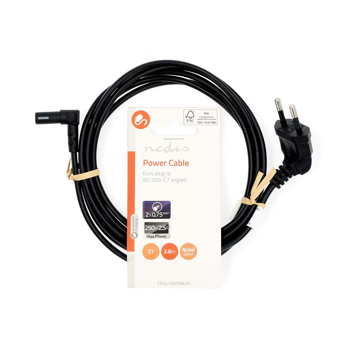 Power cable | Euro Man | IEC-320-C1 | Angled | Angled 90° | Nickel Plated | 2.00 m | Flat | PVC | Black | Label