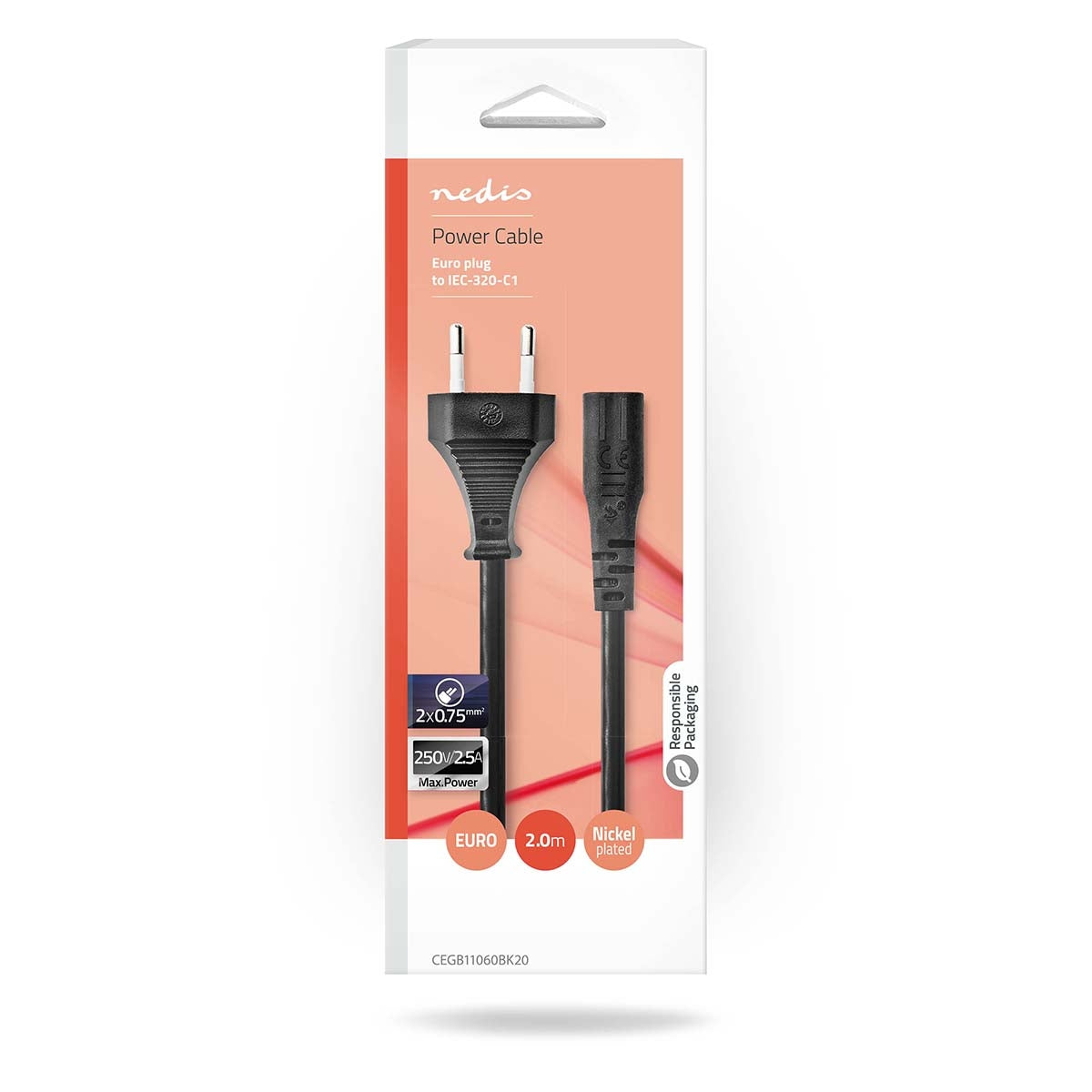 Power cable | Euro Man | IEC-320-C1 | Straight | Straight | Nickel Plated | 2.00 m | Flat | PVC | Black | Box