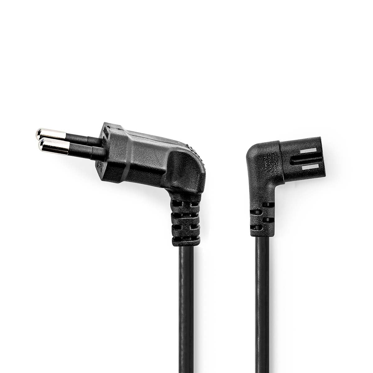 Power cable | Euro Man | IEC-320-C7 | Angled | Angled left | Nickel Plated | 2.00 m | Round | PVC | Black | Box