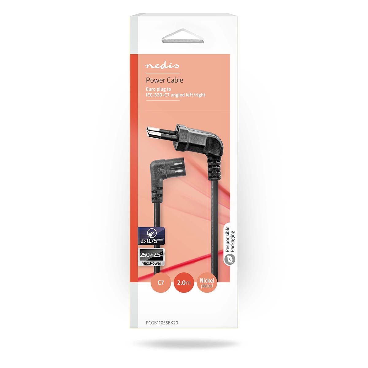 Power cable | Euro Man | IEC-320-C7 | Angled | Angled left | Nickel Plated | 2.00 m | Round | PVC | Black | Box