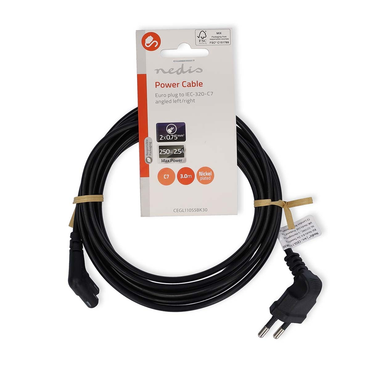Power cable | Euro Man | IEC-320-C7 | Angled | Angled left | Nickel Plated | 3.00 m | Flat | PVC | Black | Label
