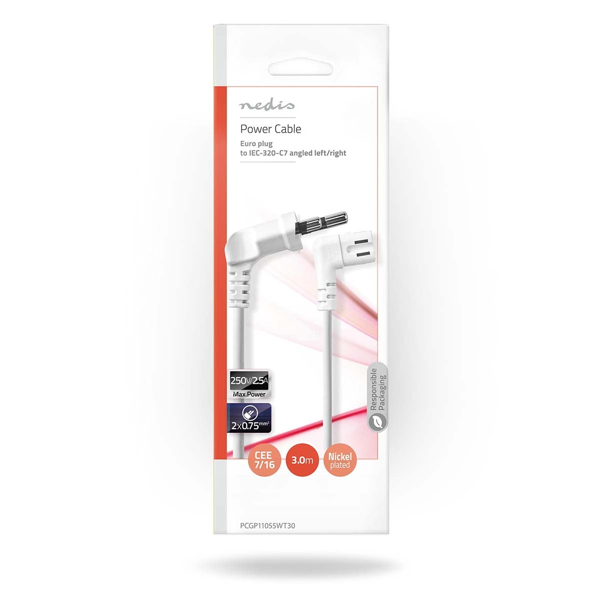 Power cable | Euro Man | IEC-320-C7 | Angled | Angled left | Nickel Plated | 3.00 m | Flat | PVC | White | Envelope