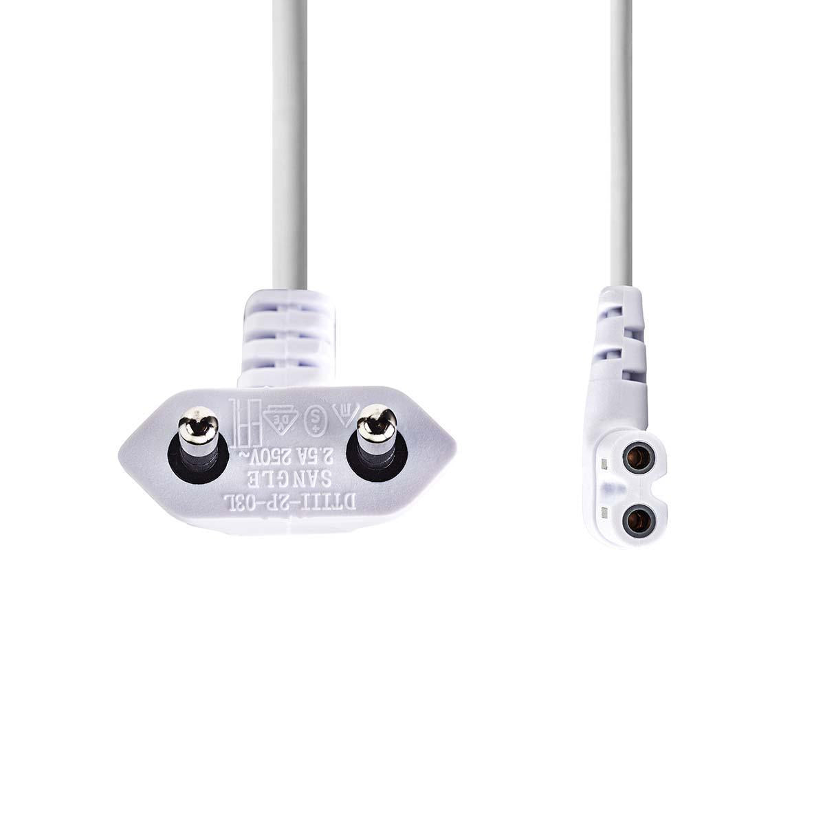 Power cable | Euro Man | IEC-320-C7 | Angled | Angled left | Nickel Plated | 3.00 m | Flat | PVC | White | Envelope