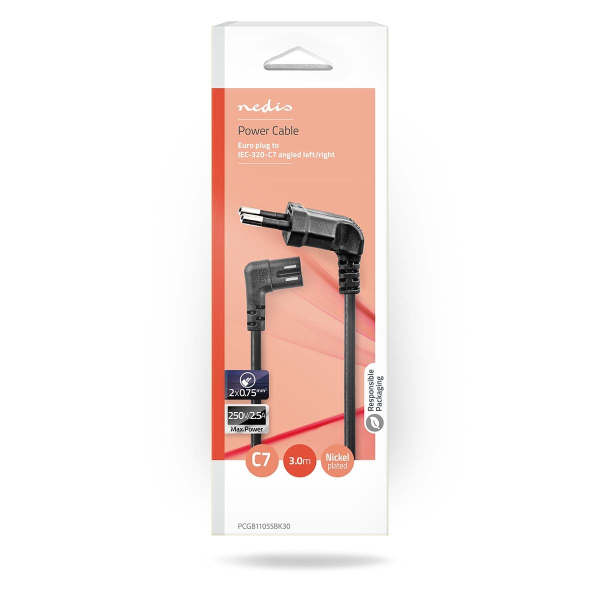 Power cable | Euro Man | IEC-320-C7 | Angled | Angled left | Nickel Plated | 3.00 m | Round | PVC | Black | Box