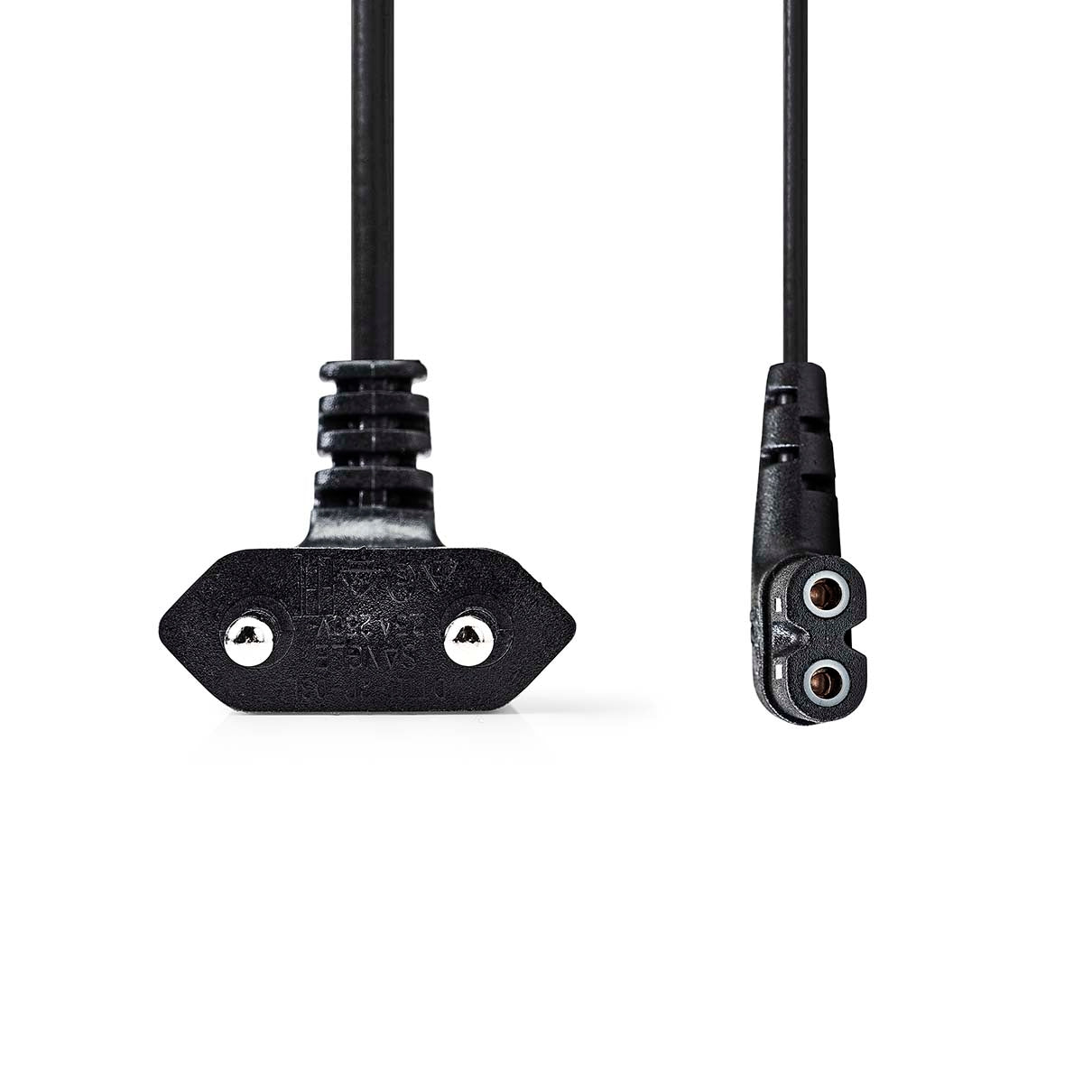 Power cable | Euro Man | IEC-320-C7 | Angled | Angled left | Nickel Plated | 5.00 m | Flat | PVC | Black | Label