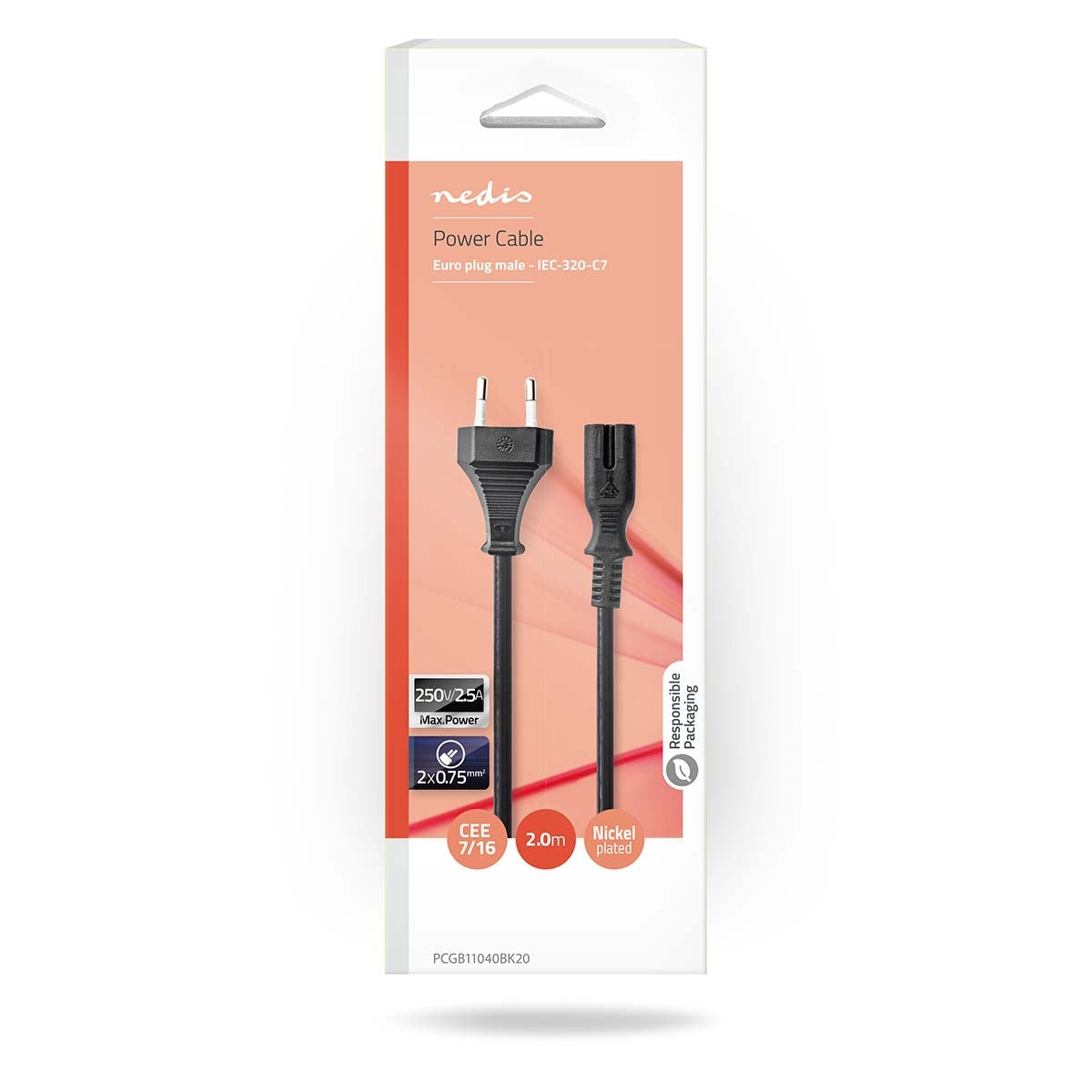 Power cable | Euro Man | IEC-320-C7 | Straight | Straight | Nickel Plated | 2.00 m | Flat | PVC | Black | Box