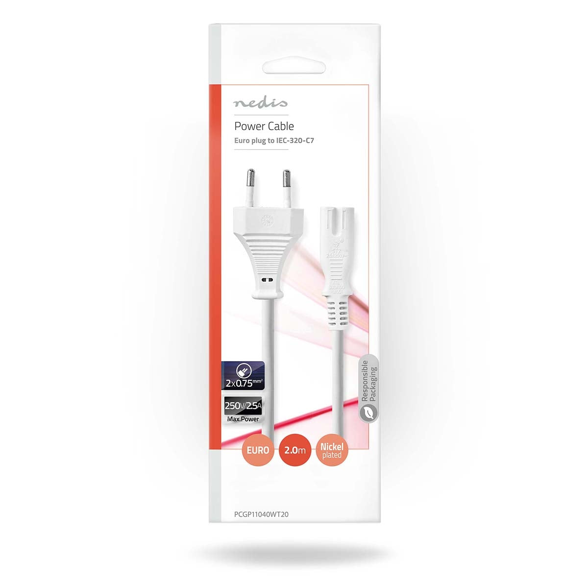Power cable | Euro Man | IEC-320-C7 | Straight | Straight | Nickel plated | 2.00 m | Flat | PVC | White | Envelope