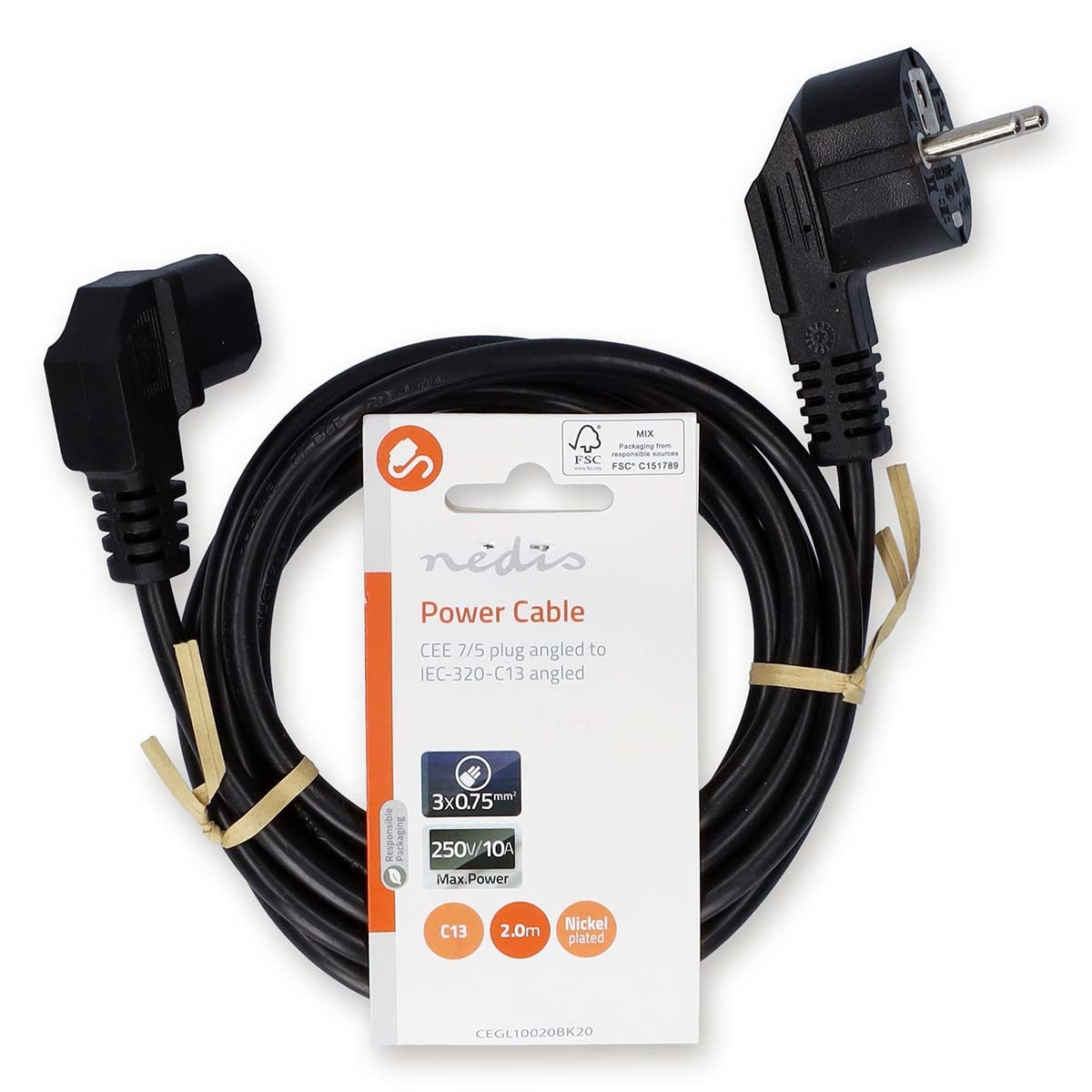 Power cable | Power connector Male | IEC-320-C13 | Angled | Angled | Nickel Plated | 2.00 m | Round | PVC | Black | Label