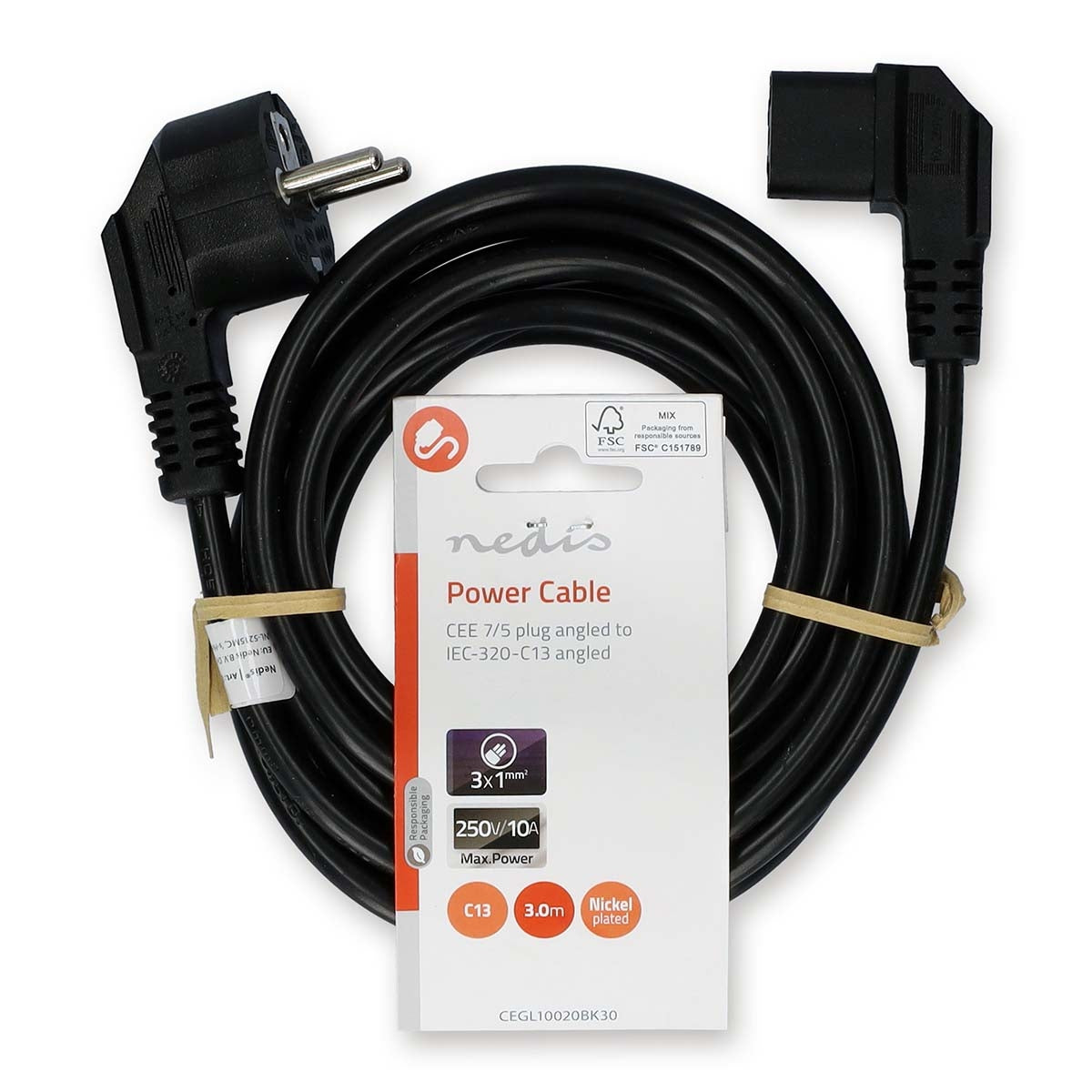 Power cable | Power connector Male | IEC-320-C13 | Angled | Angled | Nickel Plated | 3.00 m | Round | PVC | Black | Label