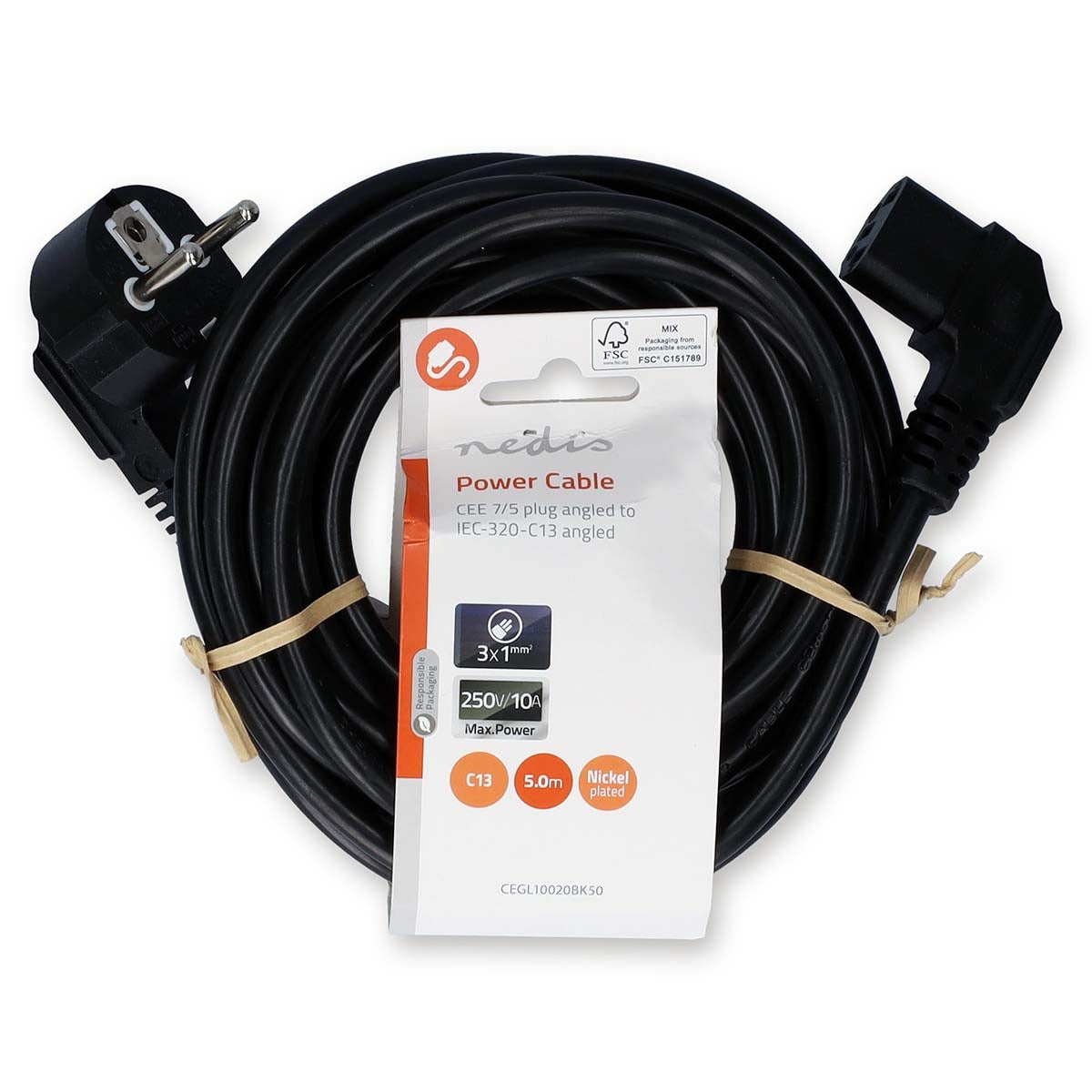 Power cable | Power connector Male | IEC-320-C13 | Angled | Angled | Nickel Plated | 5.00 m | Round | PVC | Black | Label