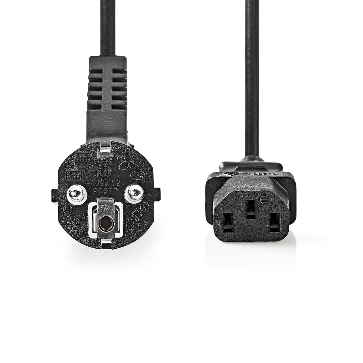 Power cable | Power connector Male | IEC-320-C13 | Angled | Straight | Nickel Plated | 2.00 m | Round | PVC | Black | Cardboard box with window