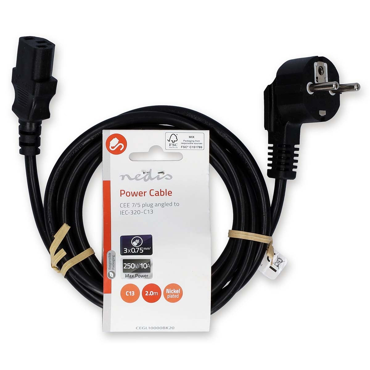 Power cable | Power connector Male | IEC-320-C13 | Angled | Straight | Nickel Plated | 2.00 m | Round | PVC | Black | Label
