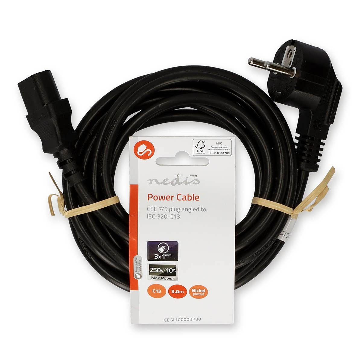 Power cable | Power connector Male | IEC-320-C13 | Angled | Straight | Nickel Plated | 3.00 m | Round | PVC | Black | Label
