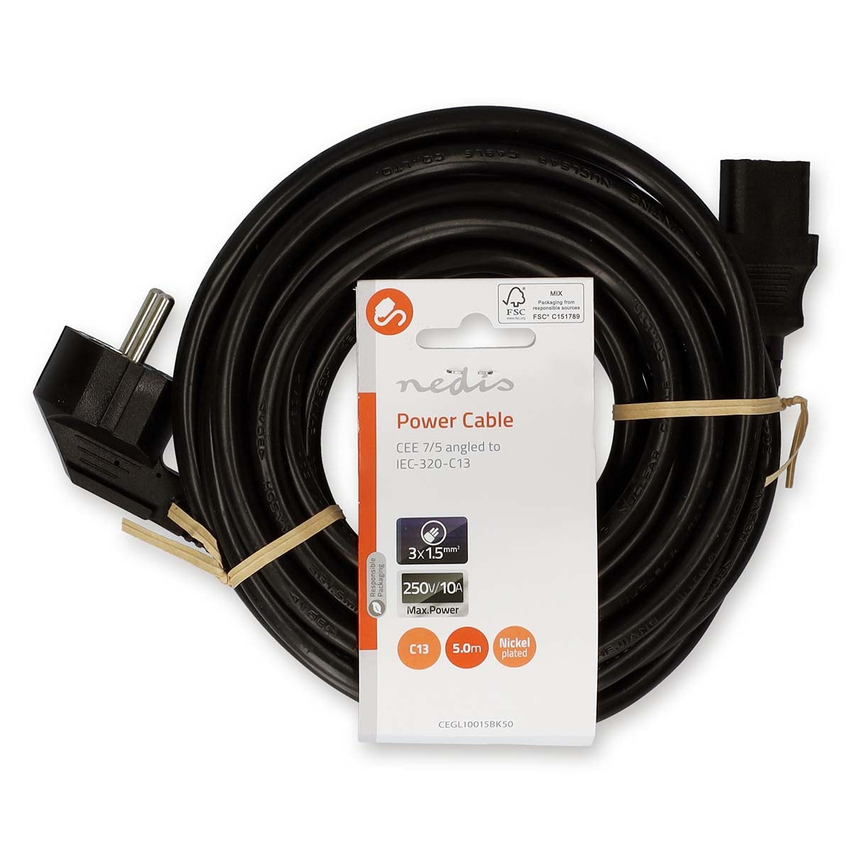 Power cable | Power connector Male | IEC-320-C13 | Angled | Straight | Nickel Plated | 5.00 m | Round | PVC | Black | Label