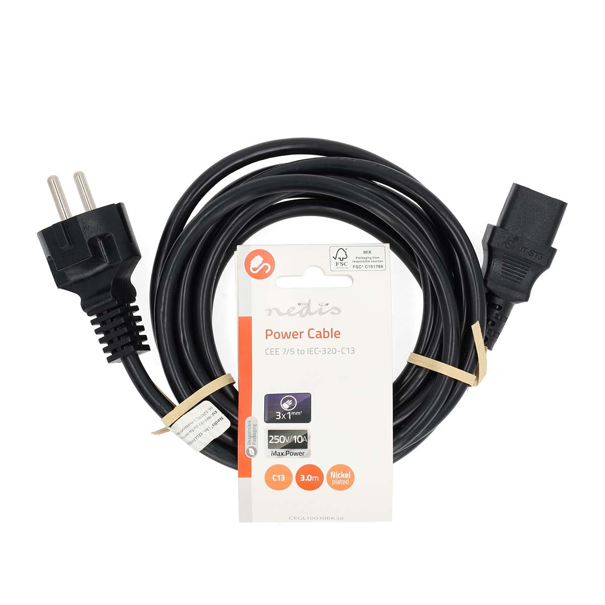 Power cable | Power connector Male | IEC-320-C13 | Straight | Straight | Nickel Plated | 3.00 m | Round | PVC | Black | Label