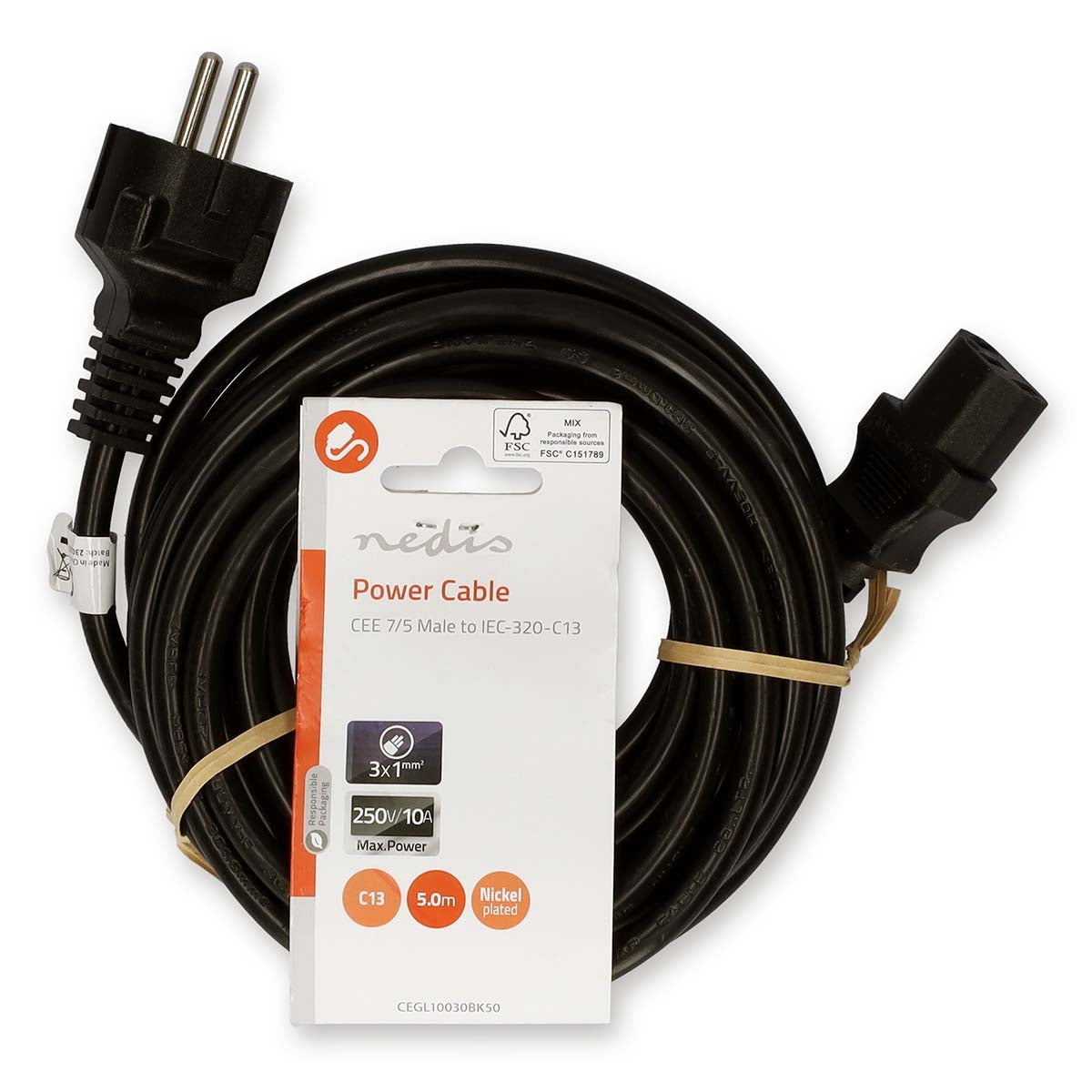 Power cable | Power connector Male | IEC-320-C13 | Straight | Straight | Nickel Plated | 5.00 m | Round | PVC | Black | Label