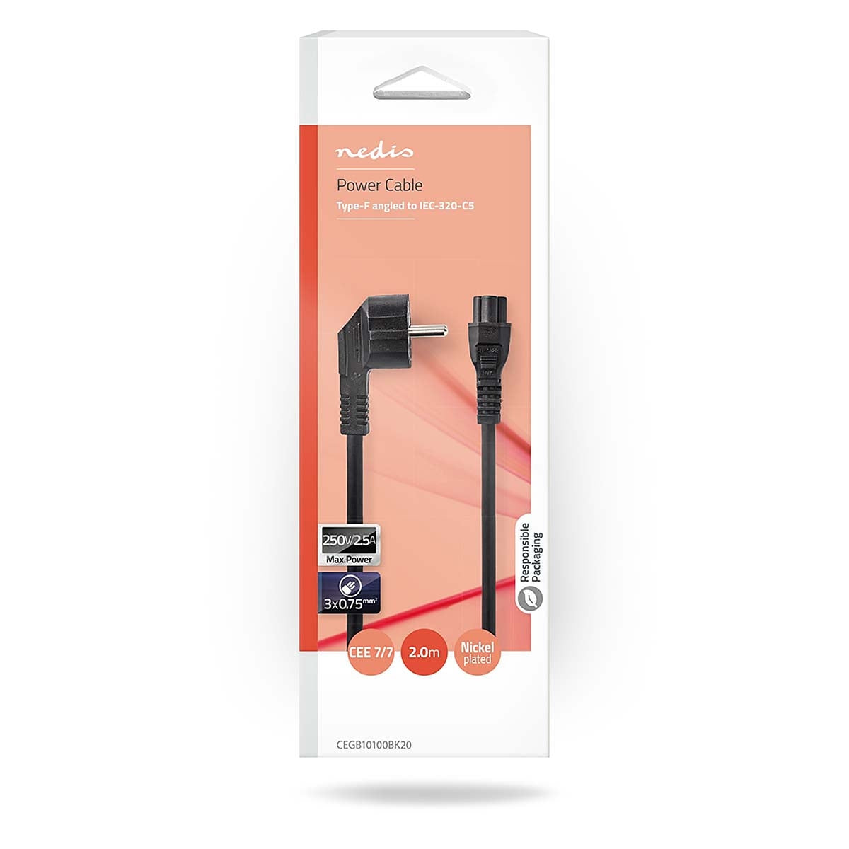 Power cable | Power connector Male | IEC-320-C5 | Angled | Straight | Nickel Plated | 2.00 m | Round | PVC | Black | Box