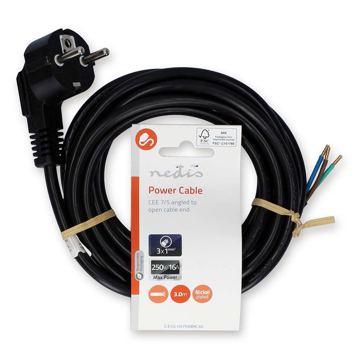 Power cable | Power connector Male | Open | Angled | Straight | Nickel Plated | 3.00 m | Round | PVC | Black | Label