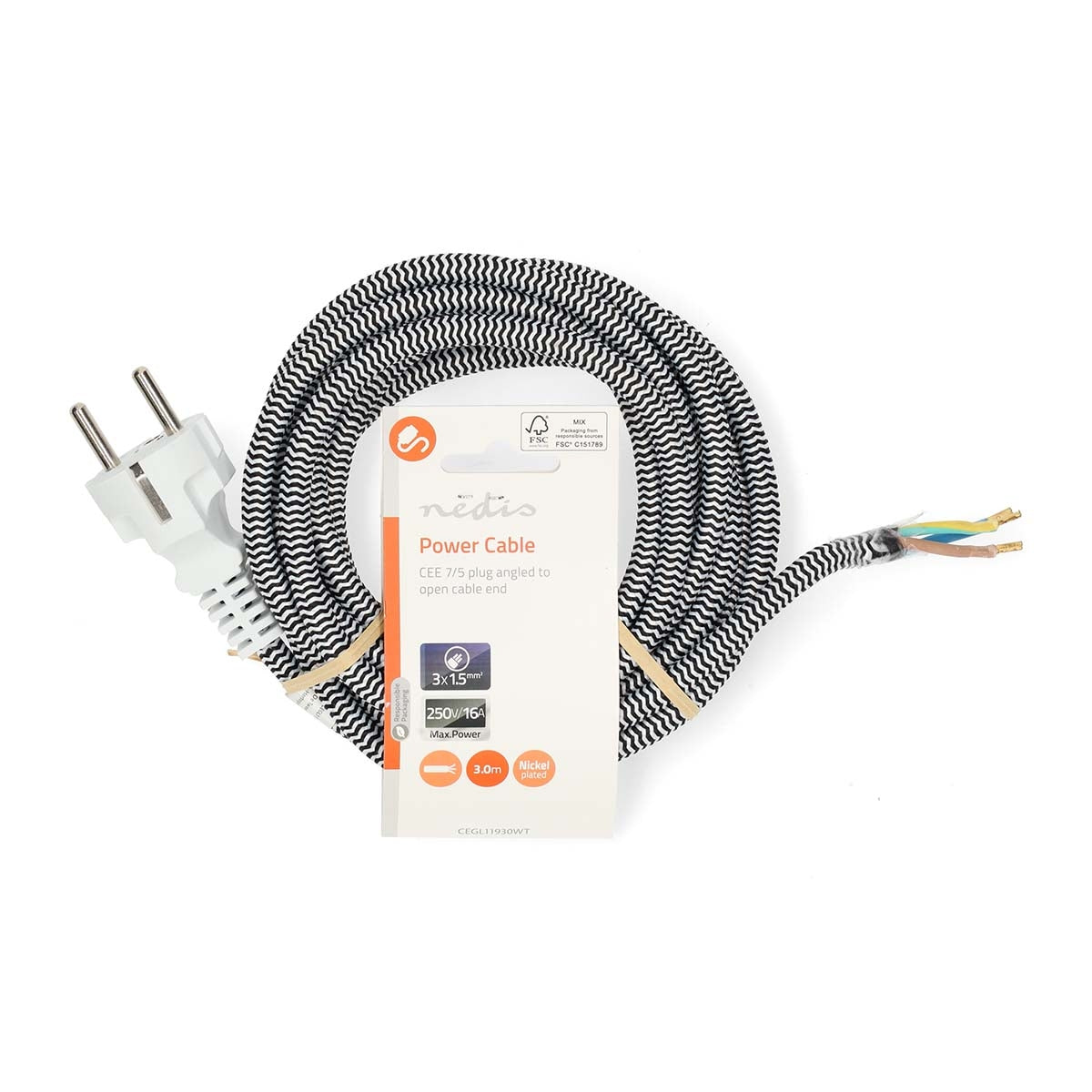 Power cable | Power connector Male | Open | Straight | Straight | Nickel Plated | 3.00 m | Round | Cotton | Black / White | Label