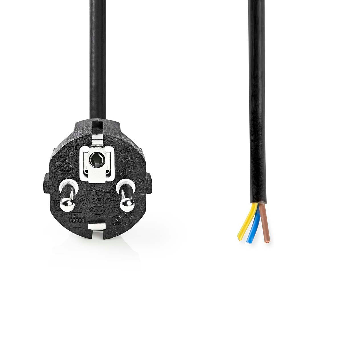 Power cable | Power connector Male | Open | Straight | Straight | Nickel Plated | 3.00 m | Round | PVC | Black | Label