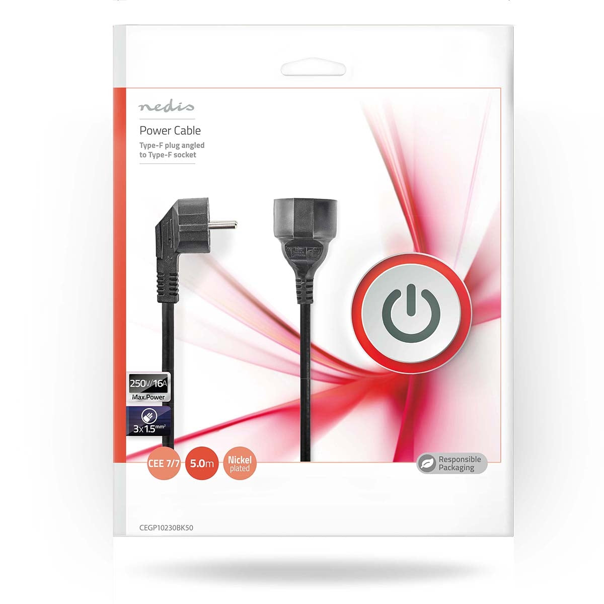 Power cable | Power connector Male | Power connector Female | Angled | Straight | Nickel Plated | 5.00 m | Round | PVC | Black | Envelope