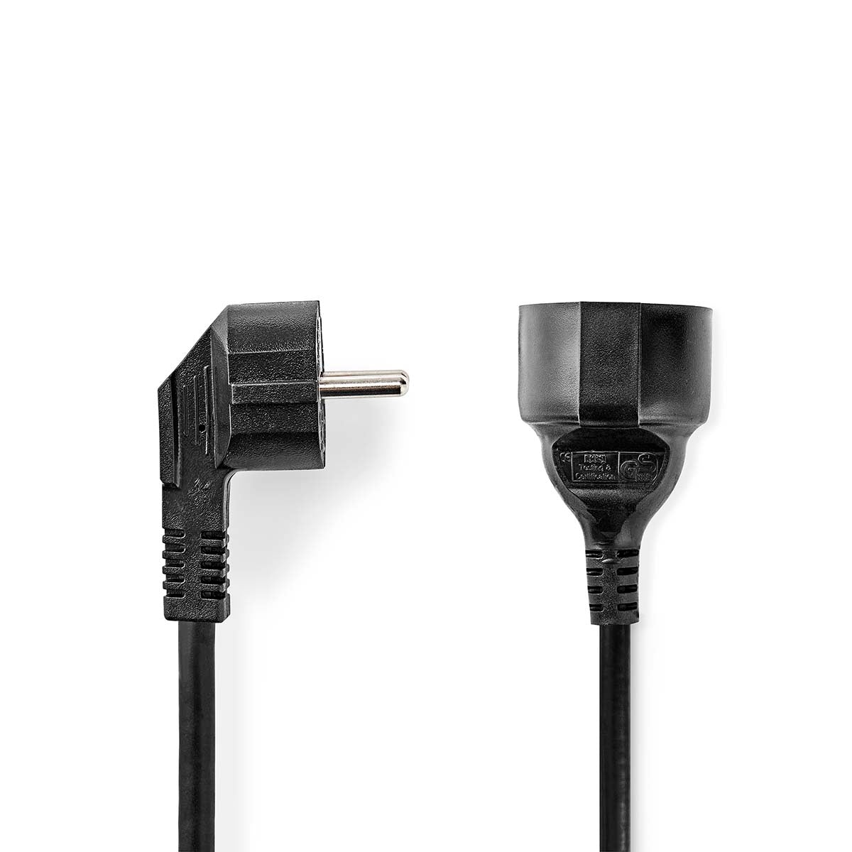 Power cable | Power connector Male | Power connector Female | Angled | Straight | Nickel Plated | 5.00 m | Round | PVC | Black | Label