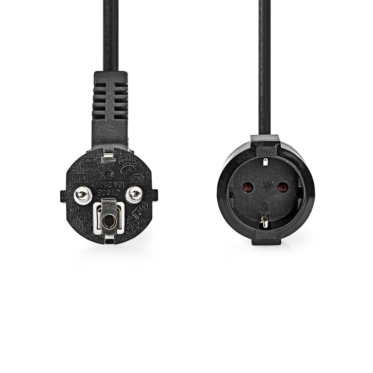 Power cable | Power connector Male | Power connector Female | Angled | Straight | Nickel Plated | 5.00 m | Round | PVC | Black | Label